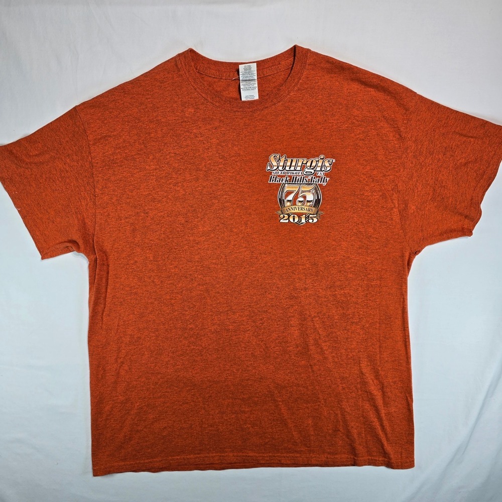 Gildan Sturgis 75th Anniversary 2015 Black Hills Rally T-Shirt Orange Mens XL